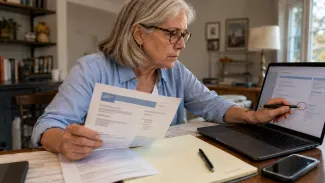 An older woman compares a mailed Medicare notice with an online enrollment record and marks a conflicting field.