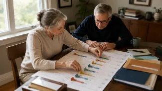 A couple adjusts deadline markers on a retirement calendar