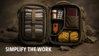 An open backpack consolidates routine supplies while keeping medication, identification, emergency equipment, and protective clothing in separate compartments.