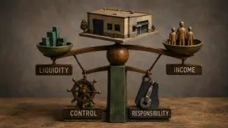 A commercial building balances liquidity and income above controls representing continuing control and responsibility.