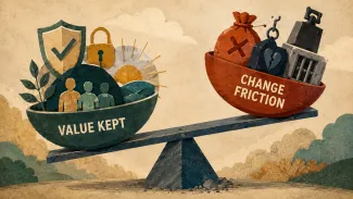 Paper-cut balance comparing an older annuity's retained value with the friction of changing it