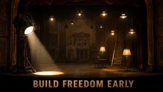 An old theater uses one large spotlight and several smaller lights beneath the words “Build Freedom Early.”