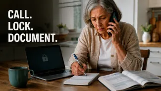 A retiree contacts a financial institution while documenting suspected account theft.