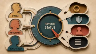 Cut-paper profiles labeled owner, annuitant, and beneficiary connect to a payout-status dial and four possible annuity outcomes.