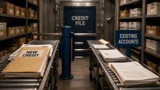 A turnstile blocks new-credit access while existing accounts continue