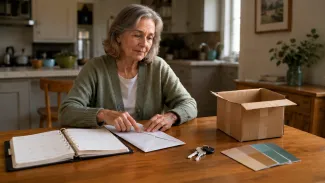 A recently widowed woman reviews a mortgage envelope beside house keys, a planner, paint samples, and a moving box.