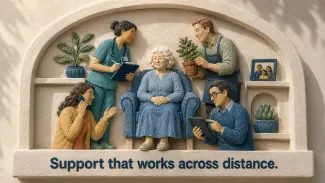 A ceramic relief shows an older woman surrounded by local care, medical, financial, and family support across distance.