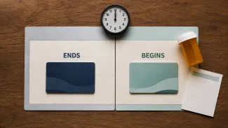 Two calendar pages meet beneath a clock at the health-coverage handoff.