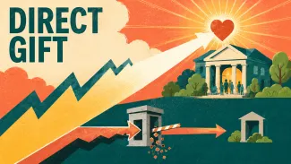 A colorful screenprint shows appreciated shares taking a direct route to a community charity while a second route loses value at a checkpoint.