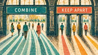 A linocut-style transit hall shows several account paths combining through one gate while other paths remain separate.