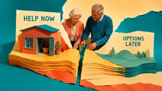 Parents divide a colorful paper landscape between helping an adult child now and preserving options for their future.