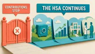 A closed contribution gate stands beside a continuing HSA pathway for saving, investing, and healthcare spending.