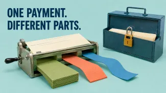 A payment document passes through a sorter and emerges as three colored streams beside a locked case of future payments.