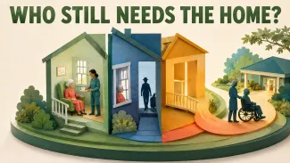 A cut-paper home shows care provided at home, a spouse remaining after a care move, and an empty home releasing equity toward care.