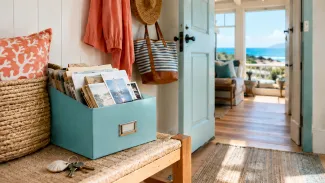 A box of property records and photographs sits beside house keys in a bright coastal home.