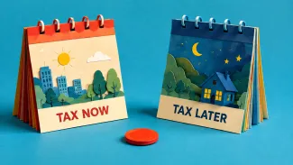 Two paper calendars labeled Tax Now and Tax Later illustrate choosing when retirement contributions are taxed.