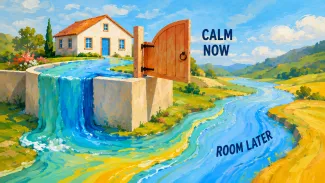 A painted river flows through an open gate beside a home, representing lower mortgage pressure now and preserved flexibility later.