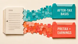 A paper account record separates into after-tax basis and pretax earnings, each flowing into a different folder.