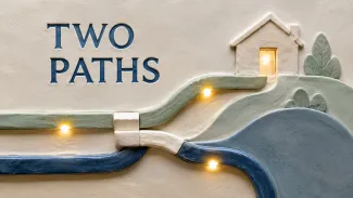 Two illuminated routes toward a home represent primary and backup caregiving plans.