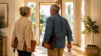 An older couple carrying separate keys and document folders walks toward the open doorway of their shared home.