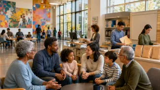 A multigenerational family discusses charitable giving while professional staff handle administration in a bright community arts center.