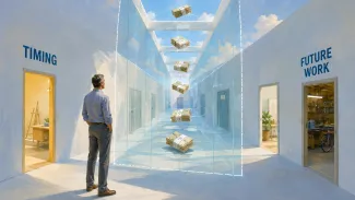 A business seller considers future-work doorways as noncompete payments arrive along a transparent corridor.