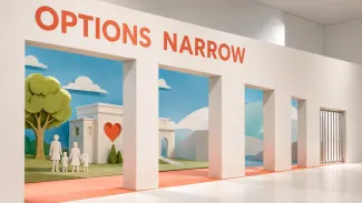 A series of architectural openings narrows toward a closed gate beneath the words “Options Narrow.”