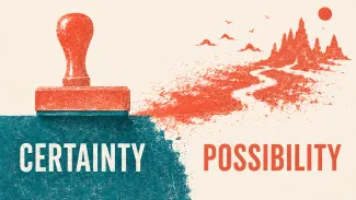A screen-printed stamp anchors certainty while an emerging landscape represents the uncertain possibilities of rollover equity.