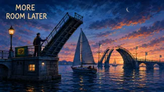 A sailor raises a drawbridge at dusk as a sailboat passes toward additional open routes across the harbor.