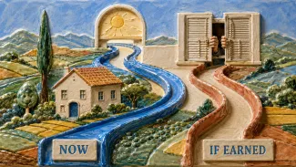 Ceramic relief showing closing proceeds available now on a blue path and contingent earnout proceeds on a separate path marked if earned.