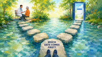 Two stepping-stone paths lead toward a trusted doctor and an enrollment doorway, asking which deadline comes first.