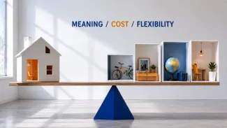 A model second home and flexible life choices balance on opposite sides of a beam.