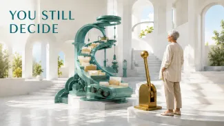 An older woman stands beside a gold control lever while a teal mechanism carries household mail beneath the words “You Still Decide.”