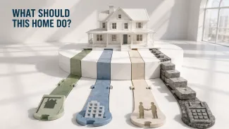 A white architectural model of an inherited home stands above four distinct paths representing the choices ahead.