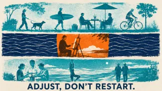 Screen-print illustration shows consulting work temporarily replacing part of a retirement withdrawal while everyday retirement life continues.