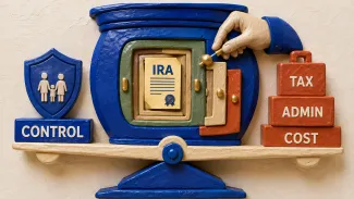 A ceramic balance weighs family control and an IRA safe against tax, administration, and cost.