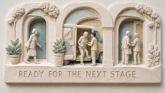 A ceramic relief shows transportation progressing from independent arrival to assisted and coordinated support.