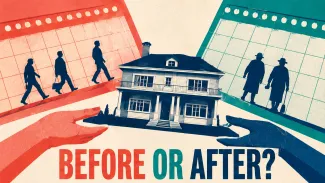 A rental house rests between two calendars labeled by the question “Before or after?”
