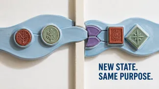 A continuous ceramic band crosses a boundary while selected pieces change, illustrating how an estate plan can adapt after moving to a new state.