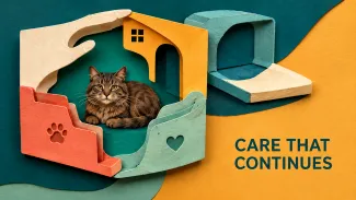 A cat rests inside an interlocking care structure, with a second structure ready as backup beside the words “Care That Continues.”