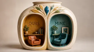 A unified ceramic vessel contains two distinct spaces labeled “Ours” and “Mine,” representing shared security and personal choice.