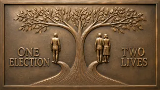 A bronze relief shows one pension election branching toward an individual and a couple beneath a shared tree.