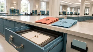 A protected estate-document folio rests in an archival drawer beside two retrieval packets and a separate backup-location card.