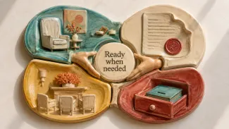 Four ceramic scenes representing personal wishes, legal authority, service arrangements, and accessible funds connect around the words “Ready when needed.”