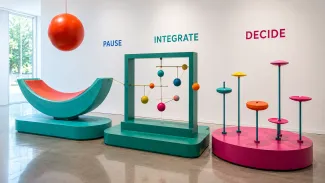 A colorful gallery installation moves from a resting cradle through a balancing frame to several possible destinations labeled Pause, Integrate, and Decide.