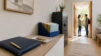 Estate documents, property records, keys, and a secure file cabinet lead toward a family conversation at an open doorway.