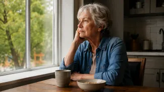 An older woman sits thoughtfully beside a bright kitchen window while waiting for an expected Social Security payment.