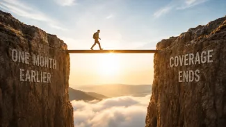 A person crosses a bridge between cliffs marked “One Month Earlier” and “Coverage Ends.”