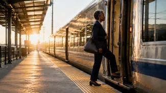 A Black woman approaching retirement boards a passenger train at sunrise, representing the narrowing window for coordinating final 401(k) contributions before leaving work.