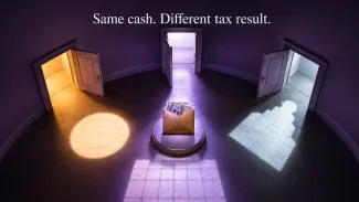 An envelope of cash sits before three illuminated doorways beneath the words “Same cash. Different tax result.”
